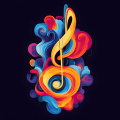 A vibrant, abstract treble clef with colorful swirling patterns.