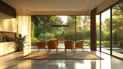 Fototapeta premium Modern dining room with large windows overlooking a lush green garden with sunlight streaming through the windows.