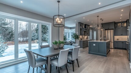Fototapeta premium Modern dining room with large windows, grey cabinets, and hardwood floors.