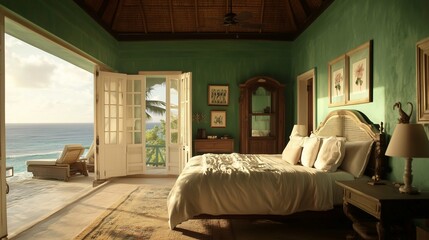 Bedroom in a green villa overlooking the ocean, nostalgic ambience
