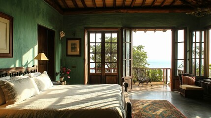 Bedroom in a green villa overlooking the ocean, nostalgic ambience
