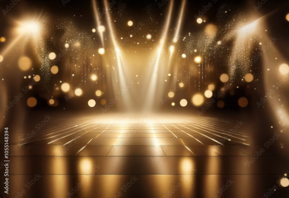 Poster a dark stage illuminated by three spotlights with a reflective floor and golden bokeh lights.