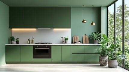 Fototapeta premium Modern green kitchen interior with large window and plants.