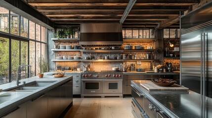 Modern industrial kitchen with stainless steel appliances, exposed brick walls, and large windows.