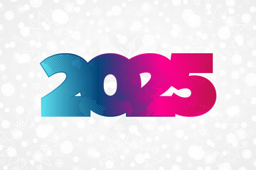 2025 Happy New Year sign with world map contour for decoration. Christmas snow pattern, snowflake background. Illustration for decoration, celebration, design, greeting, winter holiday