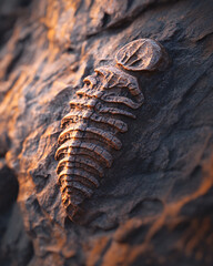 closeup of a fossilized trilobite in a rock formation at sunset