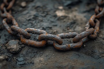 Fototapeta premium A close-up of a broken chain link lying on the ground, symbolizing failure, vulnerability, and broken connections, with sharp details on the metal texture and dirt-streaked background