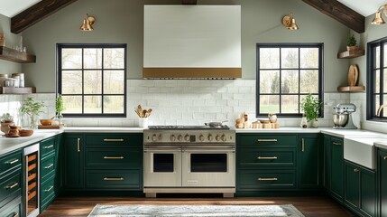 Modern kitchen with green cabinets, stainless steel appliances, and white subway tile backsplash.