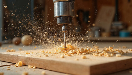 A dynamic drill penetrates wood, sending shavings flying, showcasing craftsmanship and precision.

