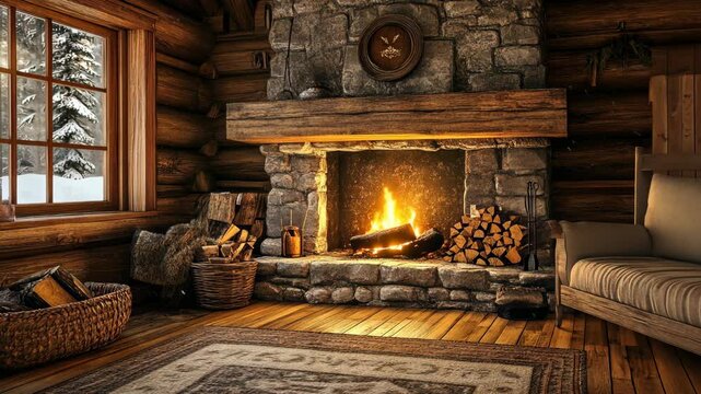 A cozy cabin with a roaring fireplace on a snowy winter day