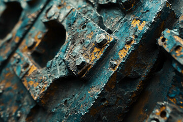 rustic blue and gold grunge metal texture with bolts background