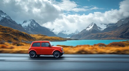Naklejka premium Road Adventure: Red Car in Autumn Setting
