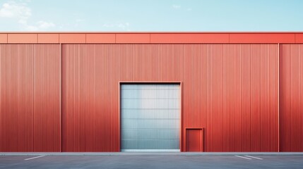 Fototapeta premium Red Building with Large Garage Door: A striking image of a red building with a large, industrial garage door. The minimalist design and clean lines create a sense of modernism and efficiency.