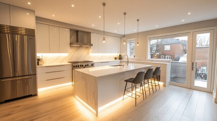Modern kitchen with white cabinets, marble countertops, and hardwood floors.