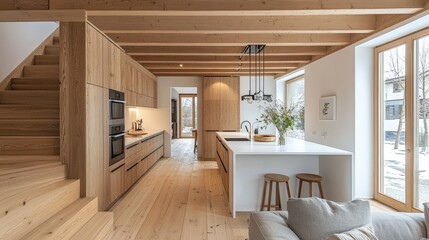 Modern kitchen with wooden beams, white cabinets, and a large island with stools.