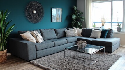 Modern living room interior with a sectional sofa, coffee table, and plants.