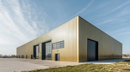 Modern Industrial Building with Golden Facade: A contemporary, sleek industrial building with a striking golden facade under a clear blue sky.