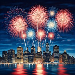 A realistic watercolor painting of fireworks above the city.