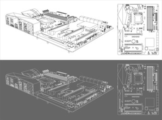 Desktop Motherboard vector technical drawings line blueprint isolated on transparent background
