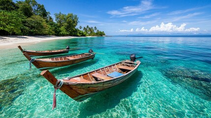 Longtail boats moored at a quiet beach, soft sunlight illuminating their polished wooden surfaces, vibrant coral reefs visible beneath the crystal-clear water