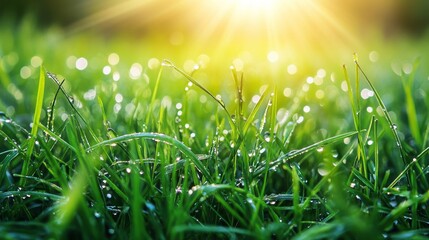 Lush green grass with crystal-clear water drops shining under the morning sun, captured in stunning detail, dewy grass close-up, nature macro