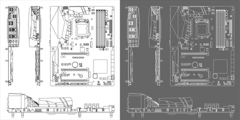 Motherboard vector with various positions technical drawings line blueprint isolated on transparent background