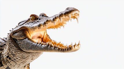 Obraz premium Majestic crocodile with its mouth open, showing sharp fangs and textured scales, standing still against a pure white background, hyper-realistic