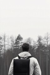 Man with Backpack in Forest: Black and White Travel Photography