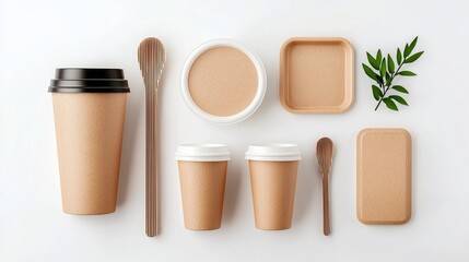 Minimalist eco-friendly food packaging made from biodegradable paper, showing various design options for food containers and cups, with a focus on sustainability