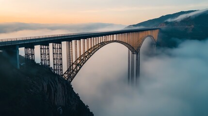 Massive bridge construction over a deep canyon, steel beams glinting in the sun, longdistance shot, aerial view, early morning fog