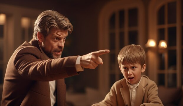 Father scolding son in a warmly lit room during an evening conversation about behavior - Powered by Adobe