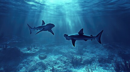 Two Sharks Swimming in the Deep Blue