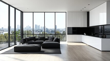 Modern minimalist living room with large windows, black sofa and rug, wooden floors, and a kitchen with white cabinets.