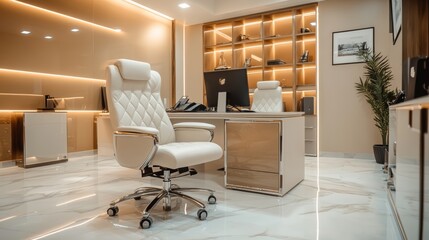Modern office interior with a large desk, two chairs, a bookshelf, and a plant.