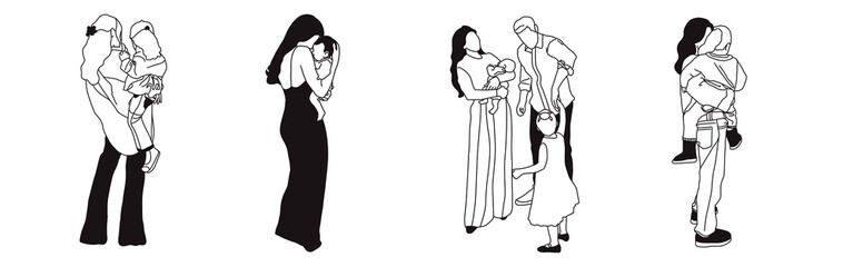 Hand-drawn doodle family icon set. Outline family clipart. Hand-drawn black art.