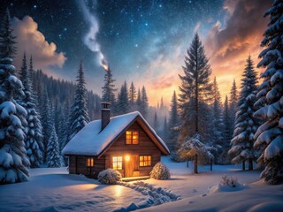 Fototapeta premium Cozy Winter Cabin in Forest with Bokeh Effect, Warm Light, Starry Sky, Smoke from Chimney, Serene Atmosphere, Tall Trees, Tranquil Night Scene, Winter Wonderland, Holiday Escape