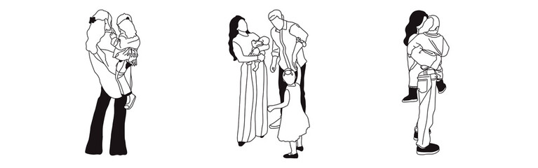 Hand-drawn doodle family icon set. Outline family clipart. Hand-drawn black art.