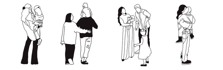 Hand-drawn doodle family icon set. Outline family clipart. Hand-drawn black art.