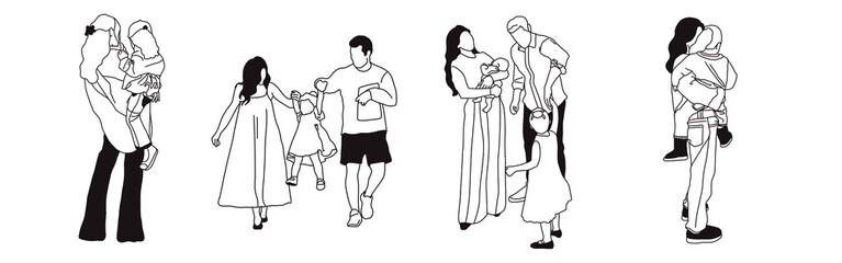 Hand-drawn doodle family icon set. Outline family clipart. Hand-drawn black art.