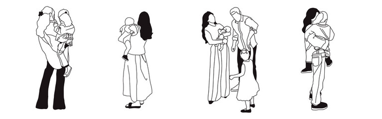 Hand-drawn doodle family icon set. Outline family clipart. Hand-drawn black art.