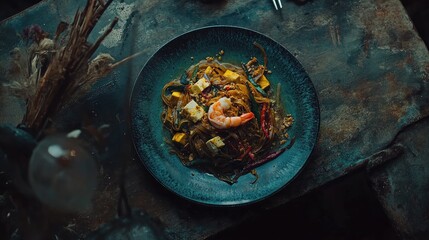 Colorful Shrimp Dish on Rustic Table Setting