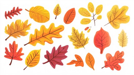 Fototapeta premium 2410 48.A vibrant set of autumn leaves in various shapes and colors, including yellow, orange, and red oak, maple, and chestnut leaves. The flat vector design highlights the distinctive shapes of