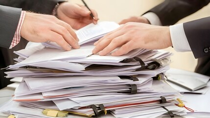 A stack of papers with hands reaching for the top. 
