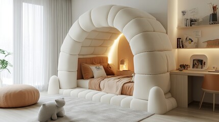 Modern, minimalist bedroom design with a unique,  arch-shaped bed in the center. The bed is surrounded by a light brown rug and a plush, orange pouf in the foreground.