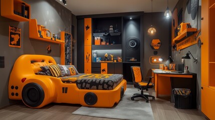 Fototapeta premium Modern, stylish boy's bedroom with a car-shaped bed, black and orange color scheme, and a desk with a computer chair.
