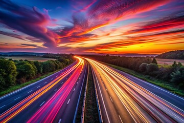 Obraz premium Breathtaking minimalist long-exposure highway sunset featuring vibrant light trails and a striking sky, perfect for stock photography showcasing nature's beauty and dynamic movement.