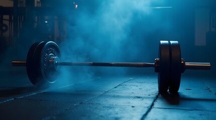Barbell in the gym at night. Heavy weight lifting. Bodybuilding concept.