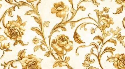 2410 83.A classical floral pattern featuring elegant gold motifs, with intricate flower and leaf designs arranged in a seamless repeat. The golden accents give the design a refined, sophisticated