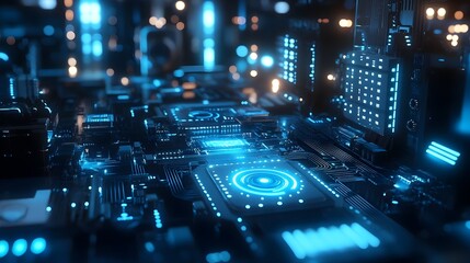 A captivating 3D rendered image of a futuristic circuit board with intricate patterns glowing blue lights and a high tech innovative design