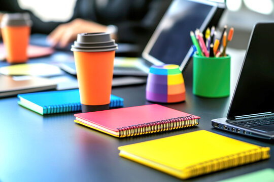 Colorful office workspace with notebooks and gadgets for creative productivity